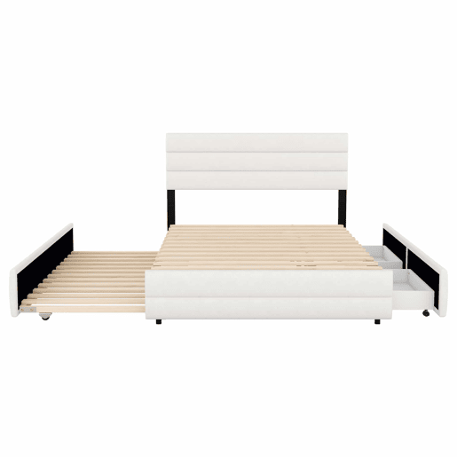 Cama de adulto 140x200 cm em tecido de linho - com cama de rodízio 90x190 cm e 2 gavetas - cabeceira regulável - Branco