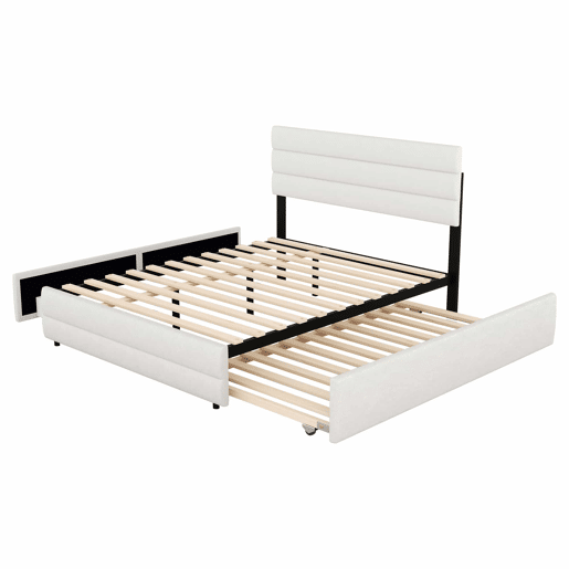 Cama de adulto 140x200 cm em tecido de linho - com cama de rodízio 90x190 cm e 2 gavetas - cabeceira regulável - Branco