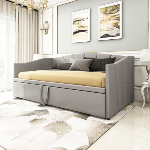 Cama com gavetão de veludo 180x200 cm - estrado de ripas - cinzento