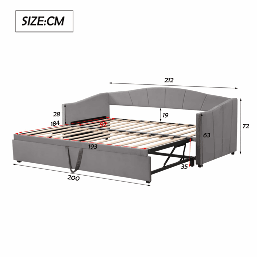 Cama com gavetão de veludo 180x200 cm - estrado de ripas - cinzento