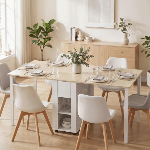 HOMCOM Mesa Dobrável de Jantar Mesa de Cozinha Dobrável para 6 Pessoas com Laterais Retráteis Gavetas e Prateleiras Abertas para Espaços Pequenos 168,2x85x73 cm Madeira e Branco