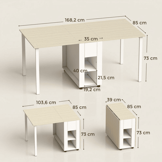 HOMCOM Mesa Dobrável de Jantar Mesa de Cozinha Dobrável para 6 Pessoas com Laterais Retráteis Gavetas e Prateleiras Abertas para Espaços Pequenos 168,2x85x73 cm Madeira e Branco
