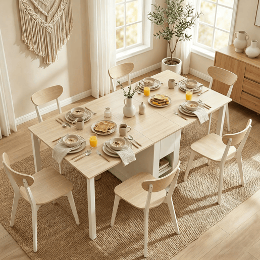 HOMCOM Mesa Dobrável de Jantar Mesa de Cozinha Dobrável para 6 Pessoas com Laterais Retráteis Gavetas e Prateleiras Abertas para Espaços Pequenos 168,2x85x73 cm Madeira e Branco