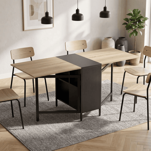 HOMCOM Mesa de Cozinha Dobrável com Arrumação Mesa de Refeição Compacta com 4 Prateleiras para Sala de Jantar Sala de Estar Mesa Auxiliar de Madeira 169x60x75 cm Madeira e Preto