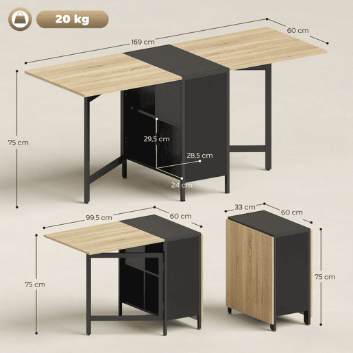 HOMCOM Mesa de Cozinha Dobrável com Arrumação Mesa de Refeição Compacta com 4 Prateleiras para Sala de Jantar Sala de Estar Mesa Auxiliar de Madeira 169x60x75 cm Madeira e Preto