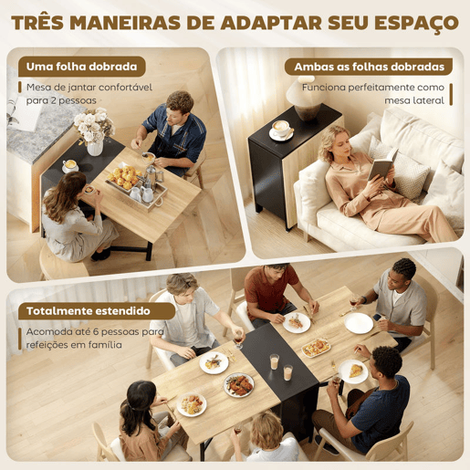 HOMCOM Mesa de Cozinha Dobrável com Arrumação Mesa de Refeição Compacta com 4 Prateleiras para Sala de Jantar Sala de Estar Mesa Auxiliar de Madeira 169x60x75 cm Madeira e Preto