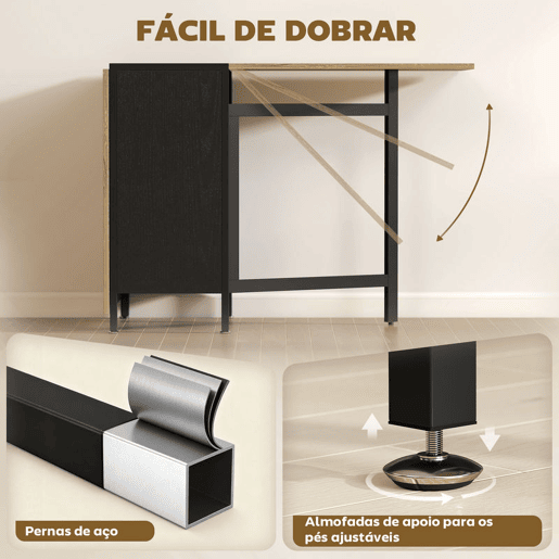 HOMCOM Mesa de Cozinha Dobrável com Arrumação Mesa de Refeição Compacta com 4 Prateleiras para Sala de Jantar Sala de Estar Mesa Auxiliar de Madeira 169x60x75 cm Madeira e Preto