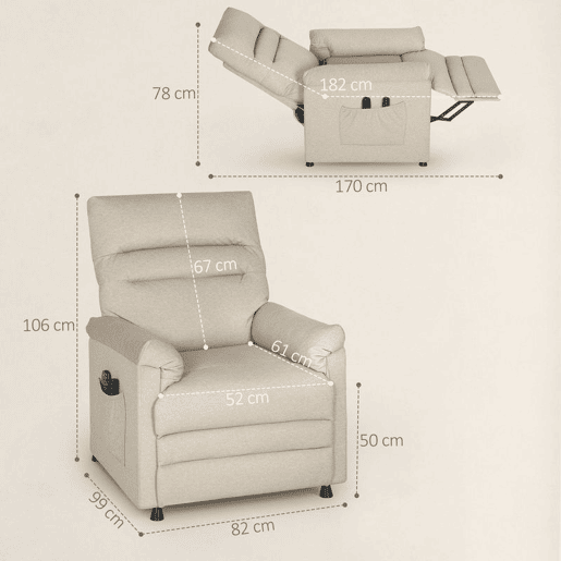 HOMCOM Poltrona de Massagem com Aquecimento Lombar e Massagem por Vibração Poltrona Relax Reclinável Elétrica Motor Silencioso Função de Memória USB e Controlo Remoto 82x99x106 cm Bege