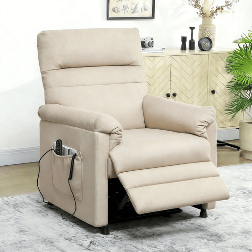 HOMCOM Poltrona de Massagem com Aquecimento Lombar e Massagem por Vibração Poltrona Relax Reclinável Elétrica Motor Silencioso Função de Memória USB e Controlo Remoto 82x99x106 cm Bege
