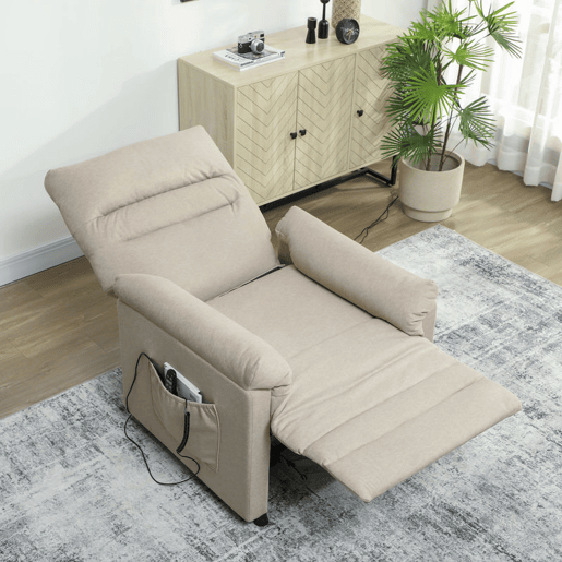 HOMCOM Poltrona de Massagem com Aquecimento Lombar e Massagem por Vibração Poltrona Relax Reclinável Elétrica Motor Silencioso Função de Memória USB e Controlo Remoto 82x99x106 cm Bege