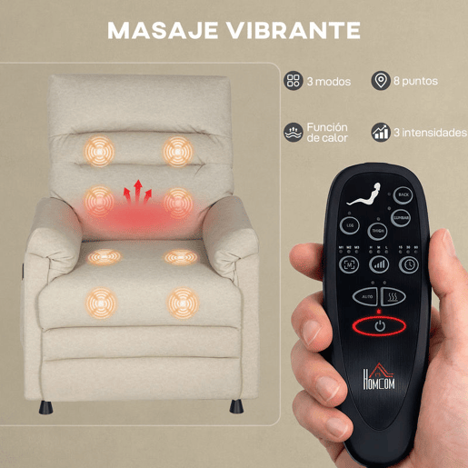 HOMCOM Poltrona de Massagem com Aquecimento Lombar e Massagem por Vibração Poltrona Relax Reclinável Elétrica Motor Silencioso Função de Memória USB e Controlo Remoto 82x99x106 cm Bege
