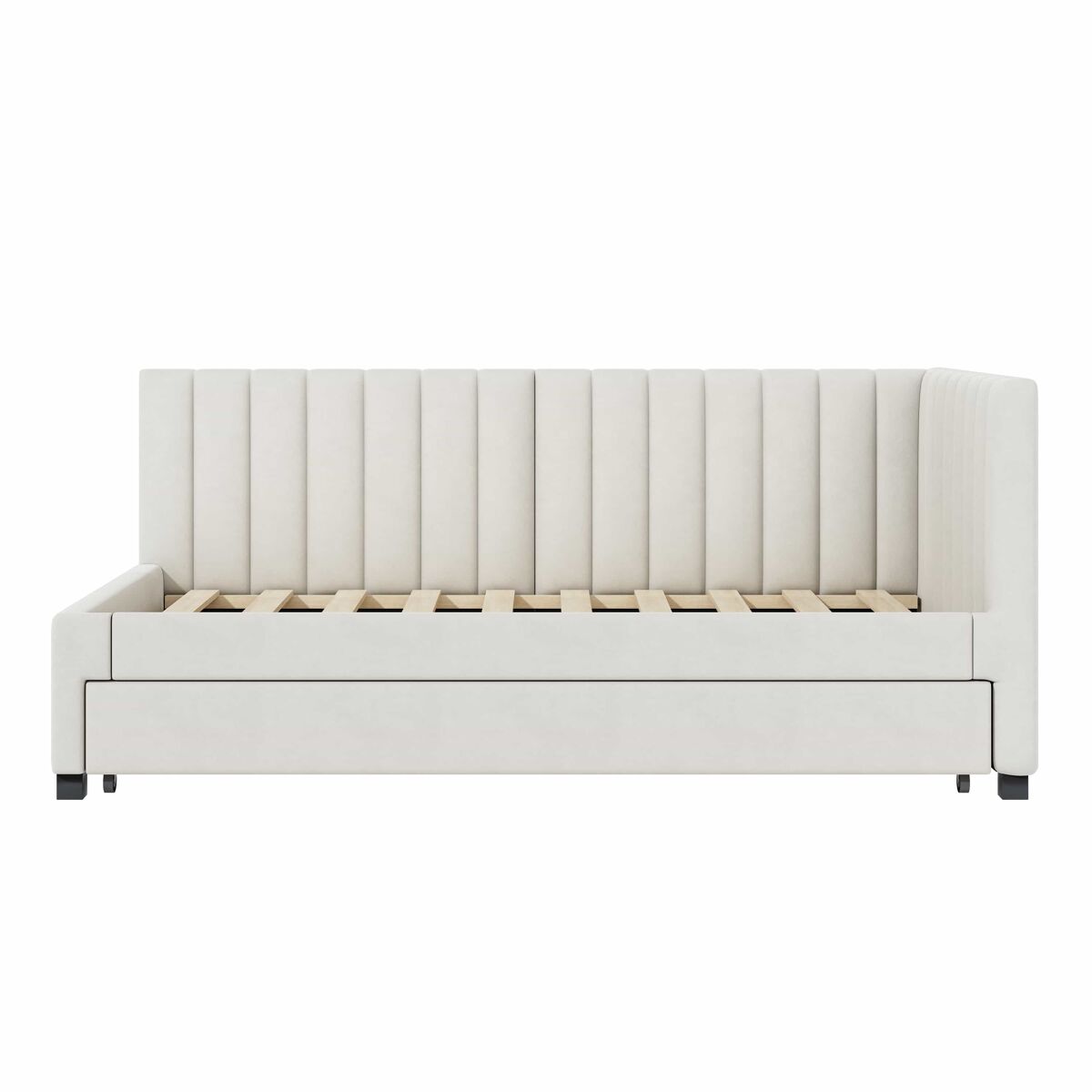 Cama individual 90x200 cm con cama nido - tapizada en terciopelo con somier de láminas - beige