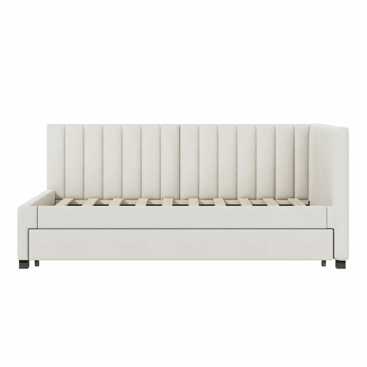 Cama individual 90x200 cm com cama com gavetão - estofada em veludo com estrado de ripas - Bege