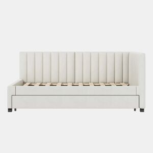 Cama individual 90x200 cm com cama com gavetão - estofada em veludo com estrado de ripas - Bege