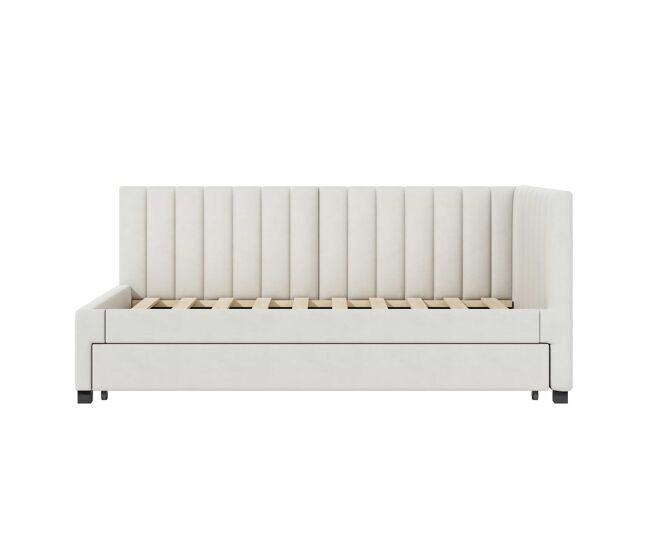 Cama individual 90x200 cm con cama nido - tapizada en terciopelo con somier de láminas - beige