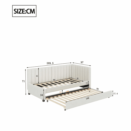 Cama individual 90x200 cm com cama com gavetão - estofada em veludo com estrado de ripas - Bege