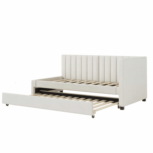Cama individual 90x200 cm com cama com gavetão - estofada em veludo com estrado de ripas - Bege