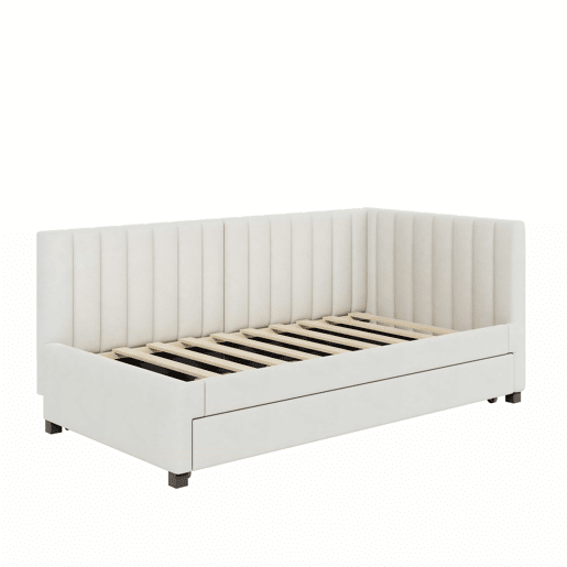 Cama individual 90x200 cm com cama com gavetão - estofada em veludo com estrado de ripas - Bege