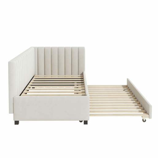 Cama individual 90x200 cm com cama com gavetão - estofada em veludo com estrado de ripas - Bege