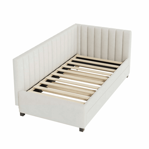 Cama individual 90x200 cm com cama com gavetão - estofada em veludo com estrado de ripas - Bege