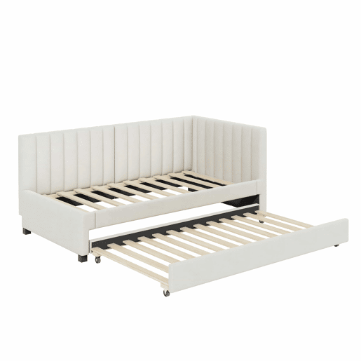 Cama individual 90x200 cm com cama com gavetão - estofada em veludo com estrado de ripas - Bege