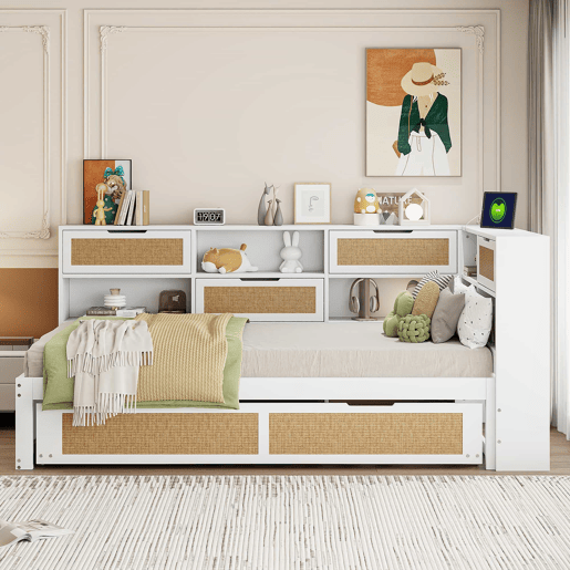 Sofá-cama em madeira 90*200 cm - Com cama extraível, compartimentos de arrumação e porta de carregamento - Branco