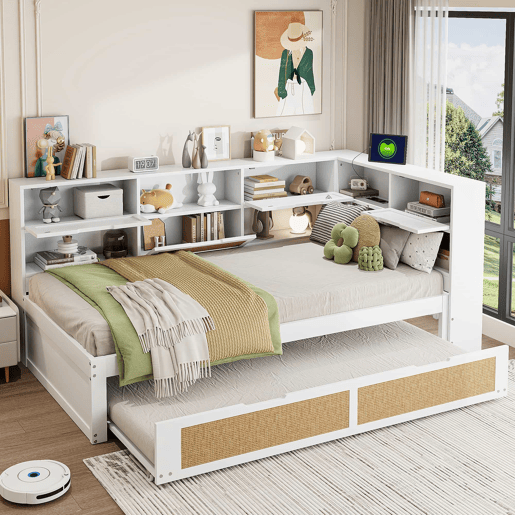 Sofá-cama em madeira 90*200 cm - Com cama extraível, compartimentos de arrumação e porta de carregamento - Branco