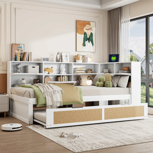 Sofá-cama em madeira 90*200 cm - Com cama extraível, compartimentos de arrumação e porta de carregamento - Branco