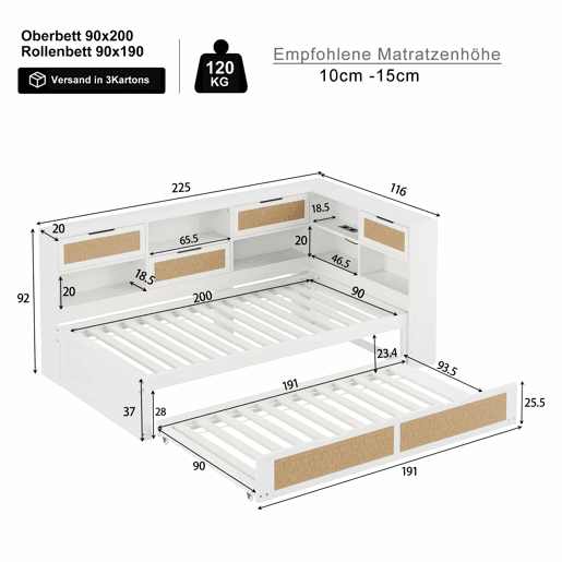 Sofá-cama em madeira 90*200 cm - Com cama extraível, compartimentos de arrumação e porta de carregamento - Branco