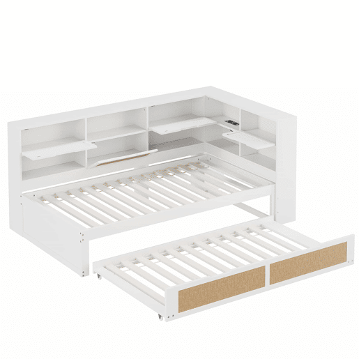 Sofá-cama em madeira 90*200 cm - Com cama extraível, compartimentos de arrumação e porta de carregamento - Branco