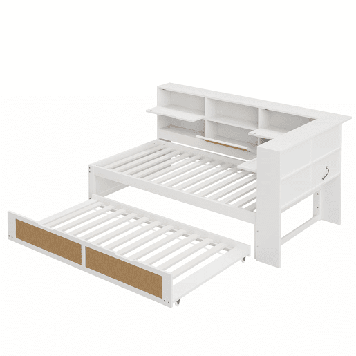 Sofá-cama em madeira 90*200 cm - Com cama extraível, compartimentos de arrumação e porta de carregamento - Branco