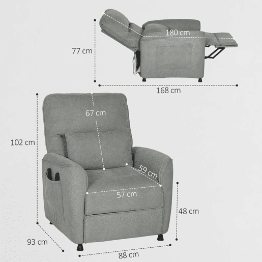 HOMCOM Poltrona Relax Reclinável Elétrica com Calor Lombar e Massagem Vibratória, Motor Silencioso, Função de Memória, Bolsos Laterais, Almofada, Comando com USB, Cinzento