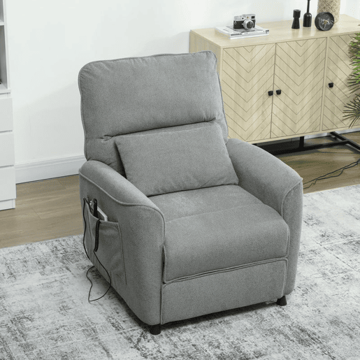 HOMCOM Poltrona Relax Reclinável Elétrica com Calor Lombar e Massagem Vibratória, Motor Silencioso, Função de Memória, Bolsos Laterais, Almofada, Comando com USB, Cinzento