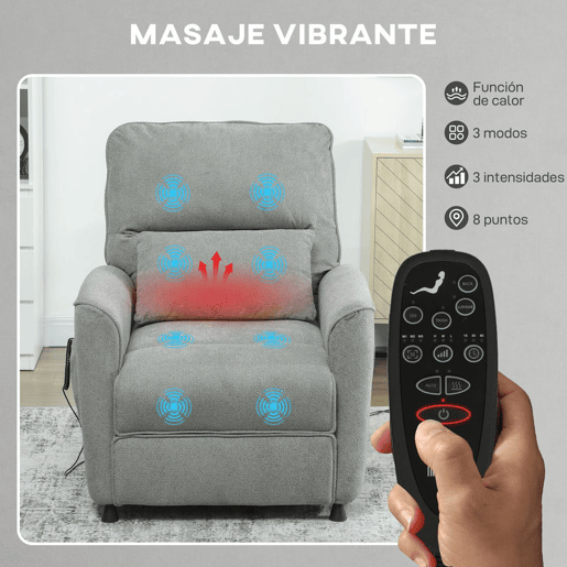 HOMCOM Poltrona Relax Reclinável Elétrica com Calor Lombar e Massagem Vibratória, Motor Silencioso, Função de Memória, Bolsos Laterais, Almofada, Comando com USB, Cinzento