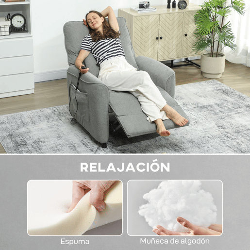 HOMCOM Poltrona Relax Reclinável Elétrica com Calor Lombar e Massagem Vibratória, Motor Silencioso, Função de Memória, Bolsos Laterais, Almofada, Comando com USB, Cinzento