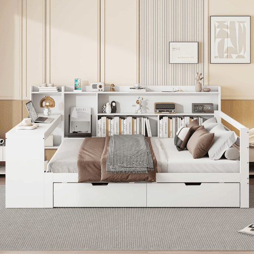 Sofá-cama 140 x 200 cm - Com secretária, estante, compartimentos e tomada - Branco