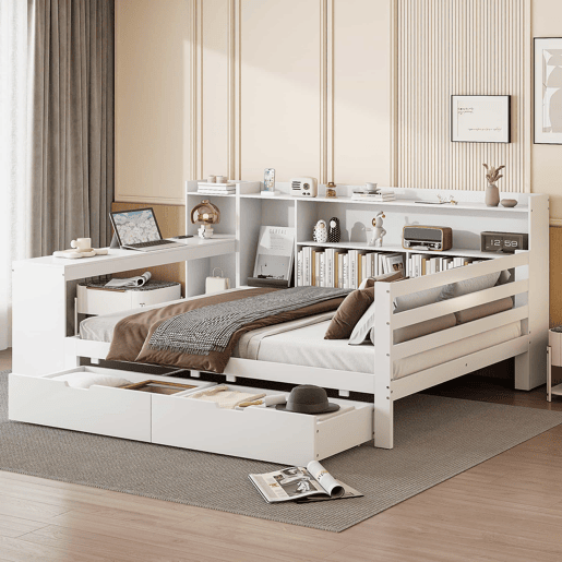 Sofá-cama 140 x 200 cm - Com secretária, estante, compartimentos e tomada - Branco