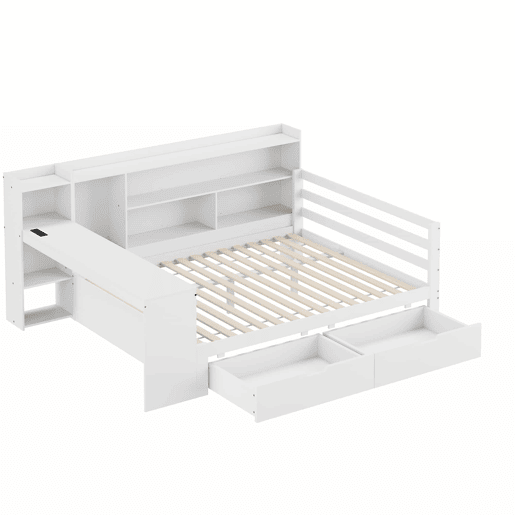 Sofá-cama 140 x 200 cm - Com secretária, estante, compartimentos e tomada - Branco