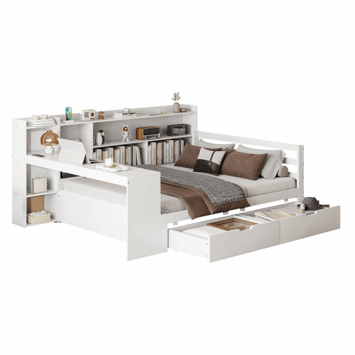 Sofá-cama 140 x 200 cm - Com secretária, estante, compartimentos e tomada - Branco