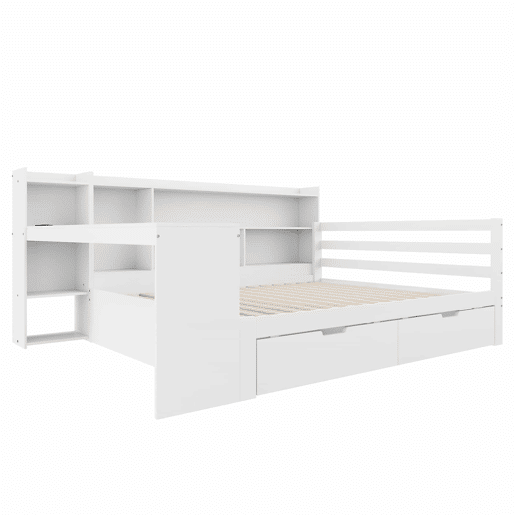 Sofá-cama 140 x 200 cm - Com secretária, estante, compartimentos e tomada - Branco