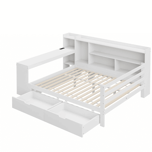 Sofá-cama 140 x 200 cm - Com secretária, estante, compartimentos e tomada - Branco