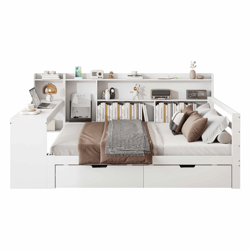 Sofá-cama 140 x 200 cm - Com secretária, estante, compartimentos e tomada - Branco