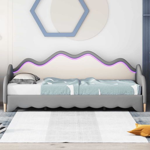 Cama de rodízio extraível 90(180)x190 cm - em imitação de pele - com iluminação LED e estrado - Cinzento