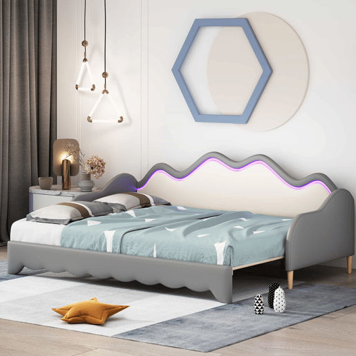 Cama de rodízio extraível 90(180)x190 cm - em imitação de pele - com iluminação LED e estrado - Cinzento