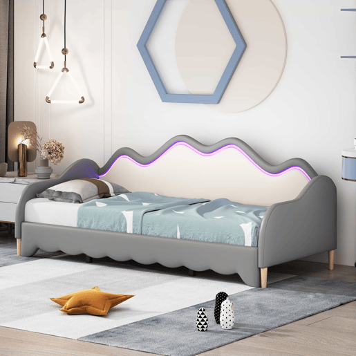 Cama de rodízio extraível 90(180)x190 cm - em imitação de pele - com iluminação LED e estrado - Cinzento