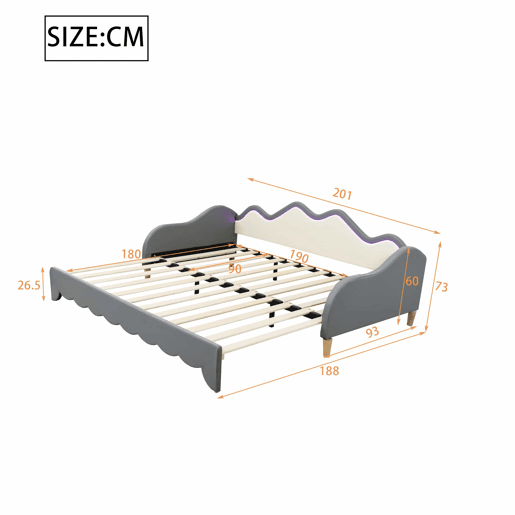 Cama de rodízio extraível 90(180)x190 cm - em imitação de pele - com iluminação LED e estrado - Cinzento
