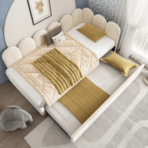 Cama divã 90x200 cm - Sofá-cama com cama extraível 90x190 cm, cama infantil com estrado de ripas, veludo - Bege Cama divã 90x200 cm - Sofá-cama com cama extraível 90x190 cm, cama infantil com estrado de ripas, veludo - Bege