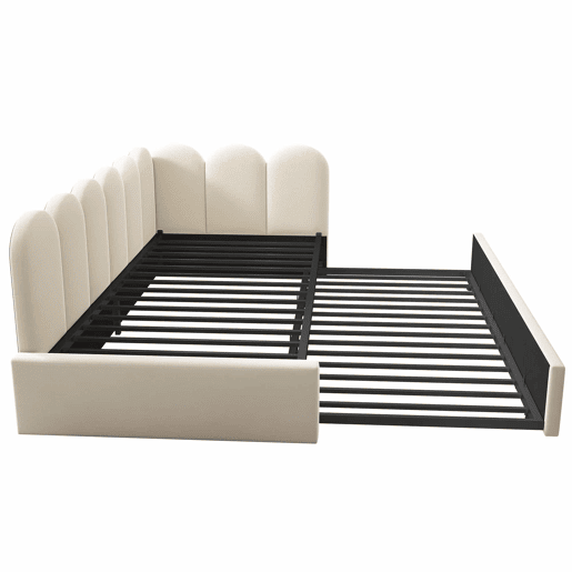 Cama divã 90x200 cm - Sofá-cama com cama extraível 90x190 cm, cama infantil com estrado de ripas, veludo - Bege Cama divã 90x200 cm - Sofá-cama com cama extraível 90x190 cm, cama infantil com estrado de ripas, veludo - Bege