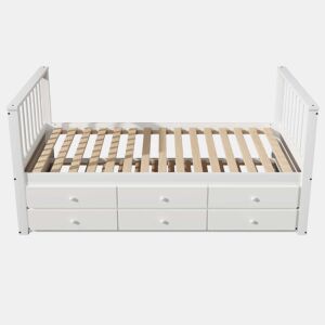 Cama de madeira 90x200 cm com cama de rodízio 90x190 cm - 3 gavetas - Branco