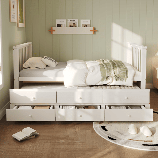 Cama de madeira 90x200 cm com cama de rodízio 90x190 cm - 3 gavetas - Branco